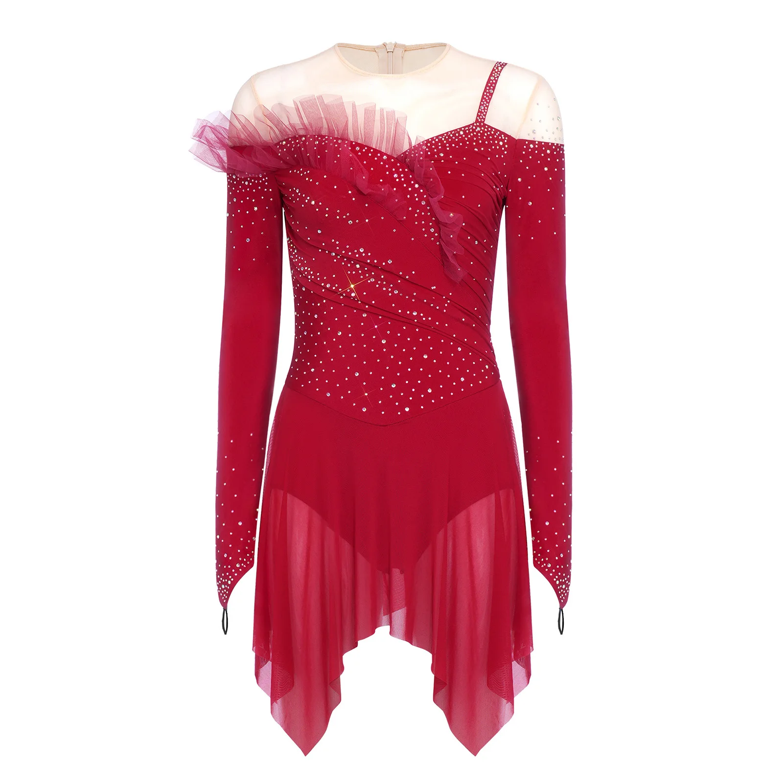 

Women Lyrical Ballet Dance Dress for Performance Competition Long Sleeve Rhinestones Mesh Skirted Bodysuits Figure Skating Dress