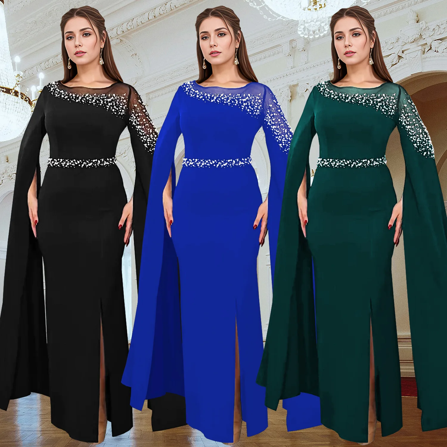 فستان سهرة نسائي أوروبي وأمريكي مخصص للبالغين، فستان سهرة بأكمام عباءة مرصعة بالألماس #1