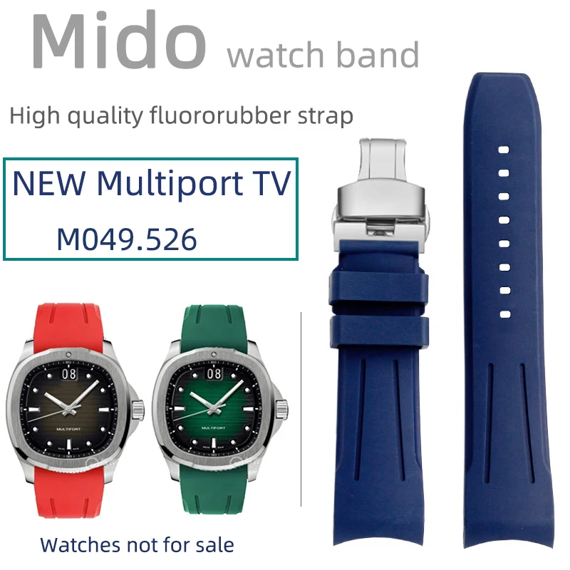 

Arc mouth fluororubber strap 22mm for Mido Multiport watch TV strap M049.526 curved interface green watch strap mem accessories