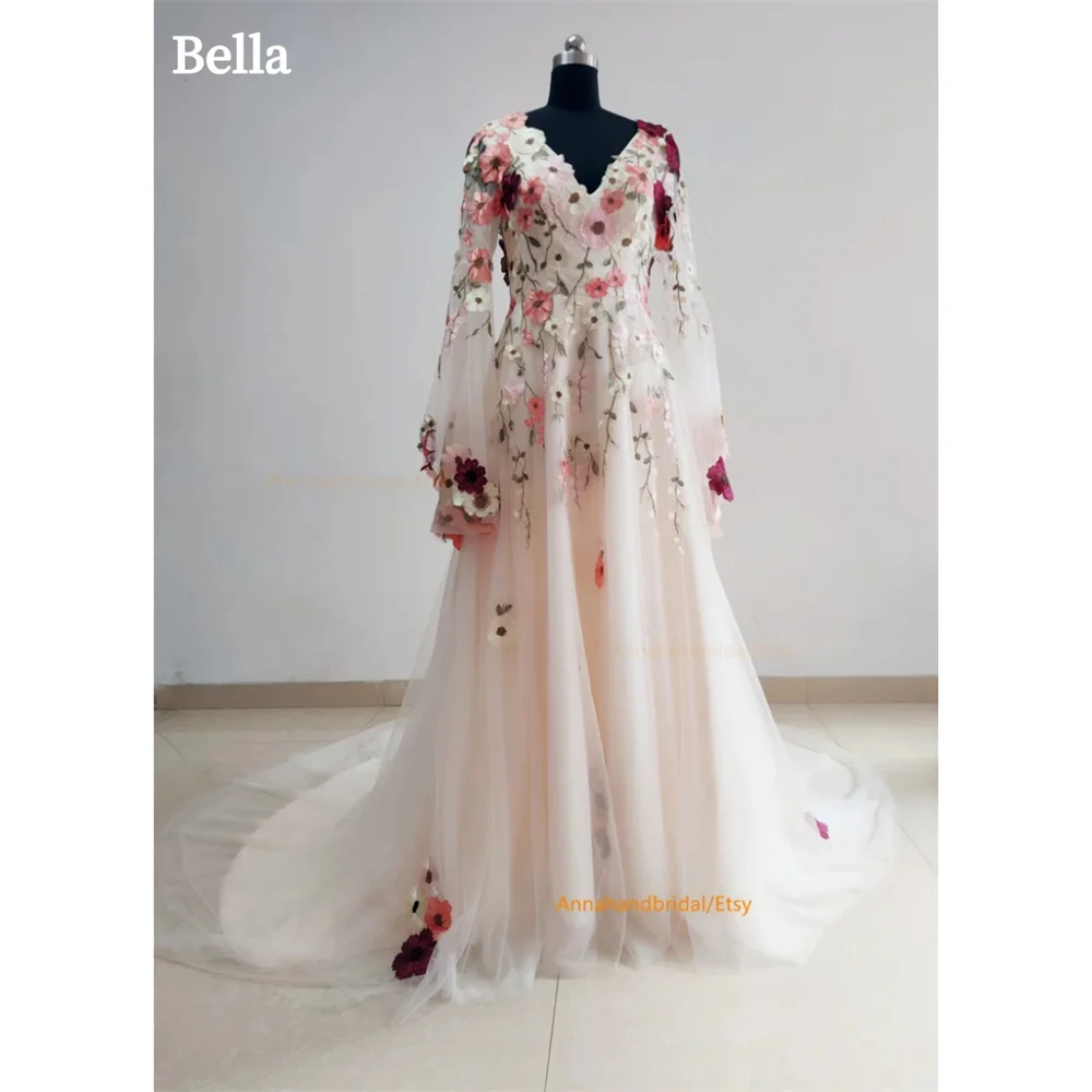 Bella White Tulle robes de soirée 3D Flowers V-neck A-line Prom Dresses Elegant Long Sleeves Floor-length Wedding Dress 2024