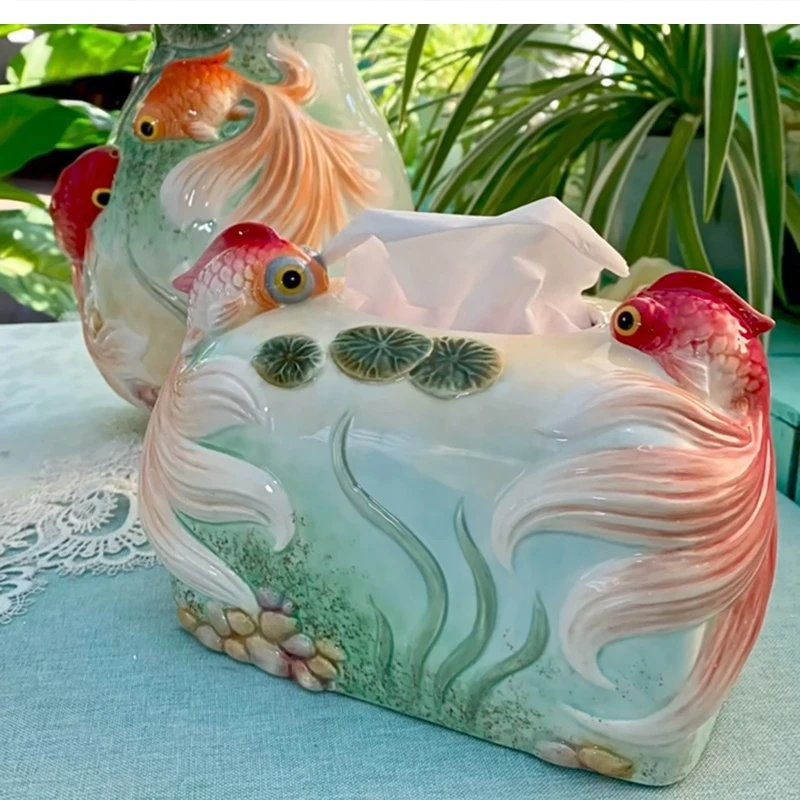 New Chinese ceramic goldfish tissue box carp oblong holder Table home decoration