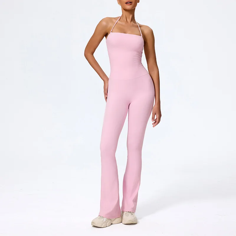 

European And American Sleeveless Yoga Jumpsuit Women Gym Flared Halterneck Backless Sportswear Slightly Flared