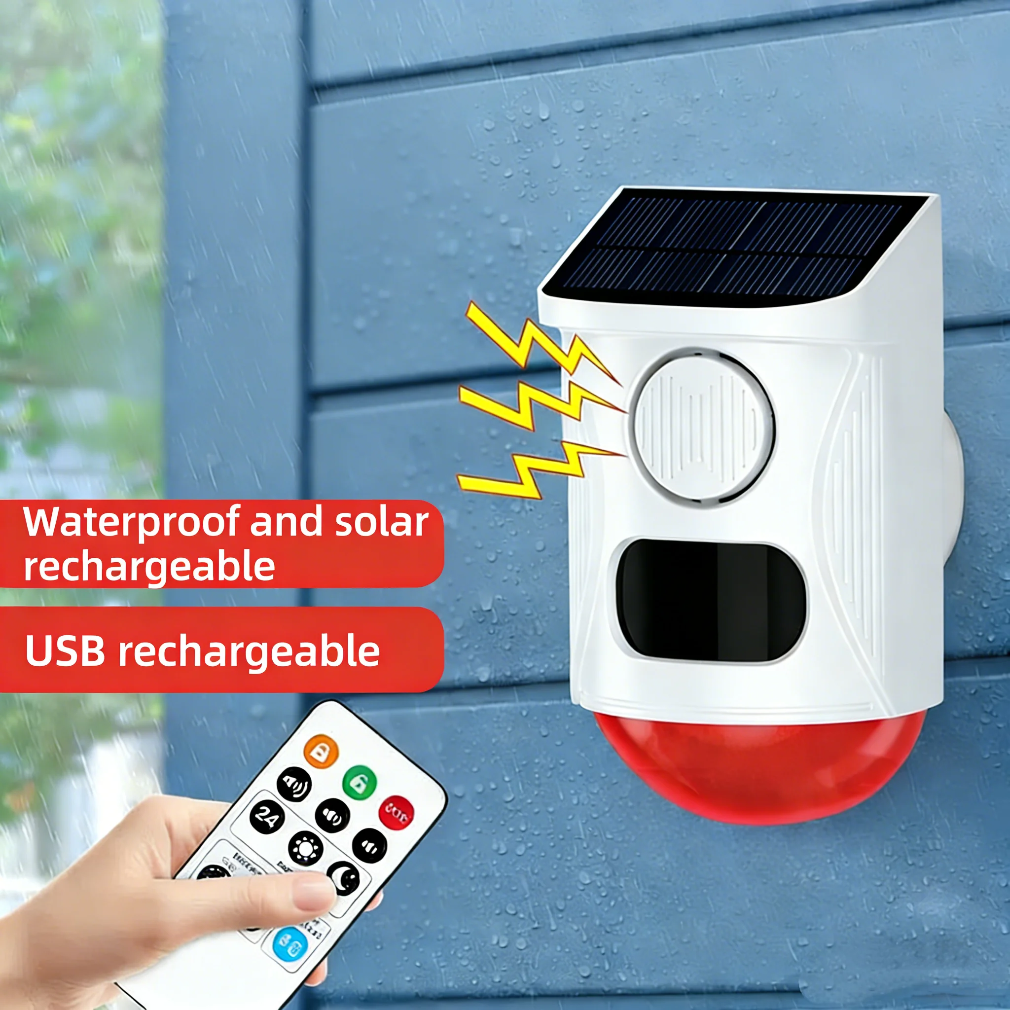 

Солнечная беспроводная сирена-сигнализация с датчиком движения 120 дБ, пультом ДУ и магнитным креплением, водонепроницаемость IP65 для дома и двора