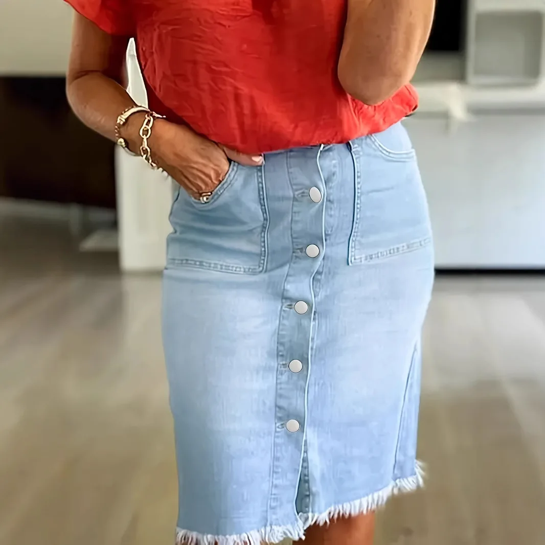 Faldas vaqueras de cintura alta para mujer, falda recta hasta la rodilla con bolsillos y botones, Faldas para mujer