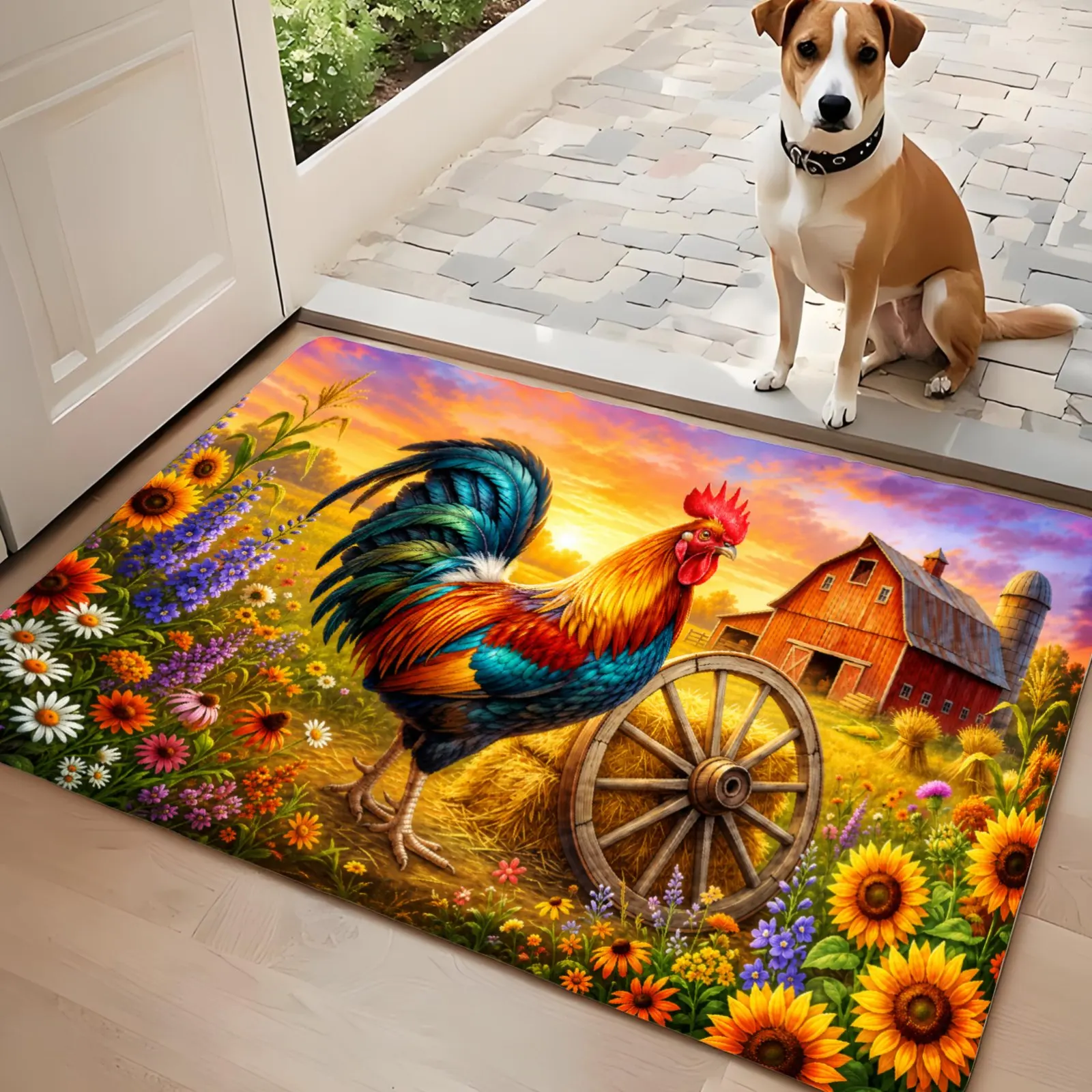 3PCS Kitchen Rugs,Home Decoration for Front Door, Kitchen, Bathroom, Rooster Sunflower Barn Wheel Floral Pattern Dining Mat