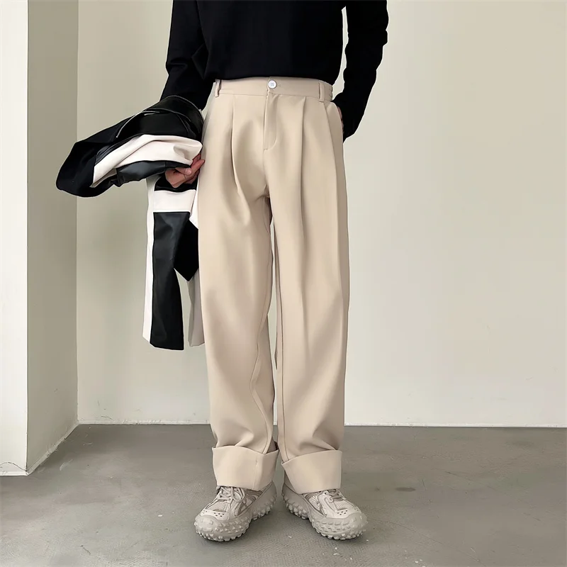 

Spring 2025 Men's Casual Trousers High Waist Straight Leg ket Design Iron-Free Slas Trendy Turn-Up West Pants Pure Color