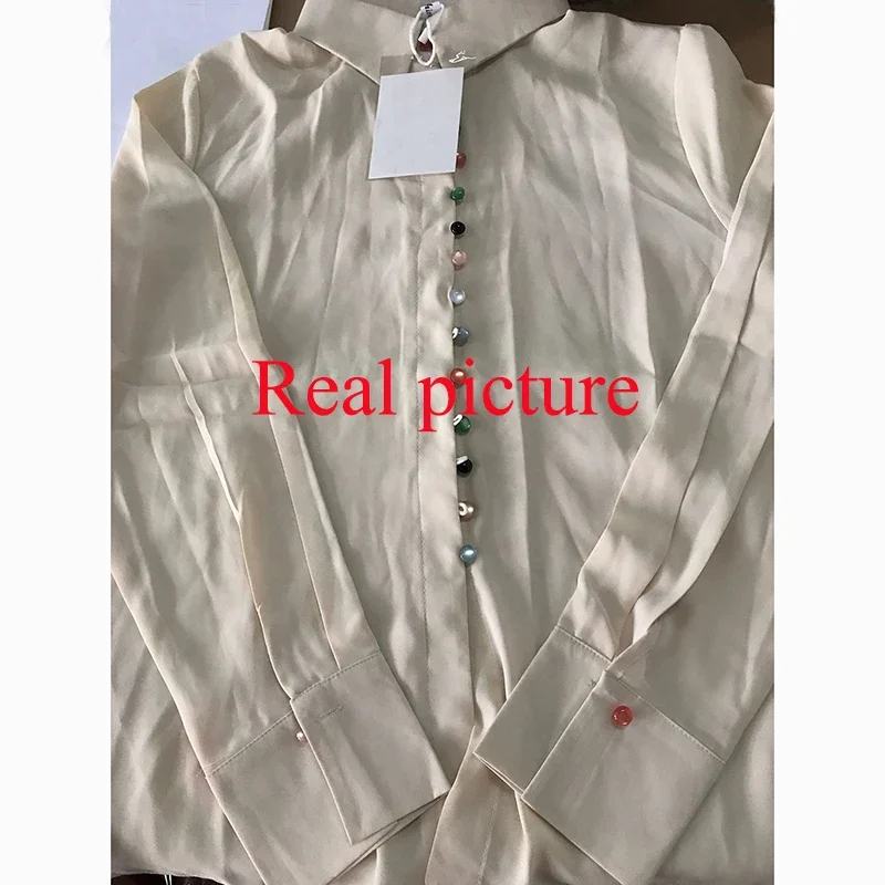 2023 Satin Silk Women Colorful Button Up Shirt Elegant Spring New Casual Ladies White Shirt Tops Chic Vintage Women Blouse 18834