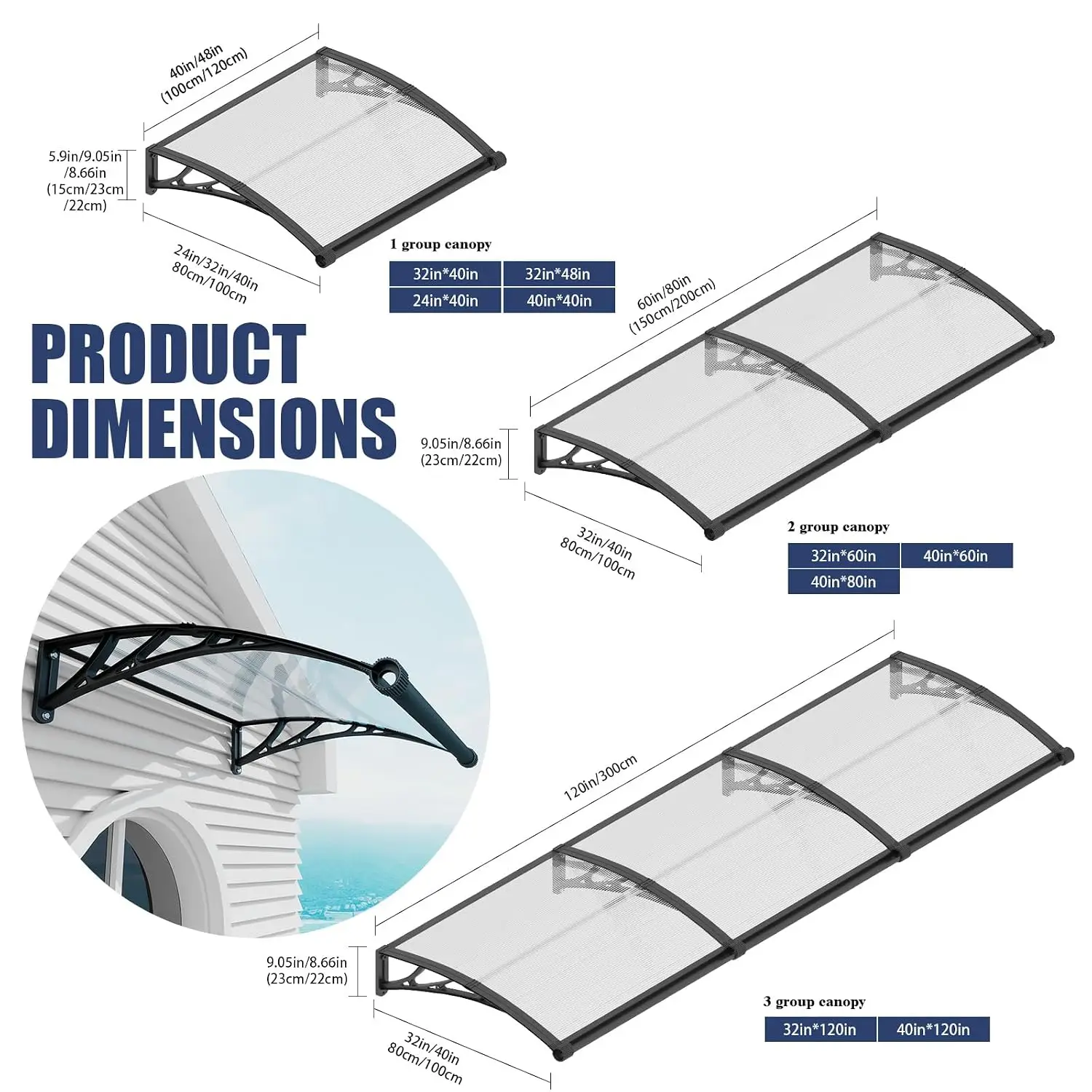 Door Awning Window Canopy with Drainage,32x80 Inch Spliced Awning for Door Entrance,Porch,Patio,Deck,Polycarbonate, Customized