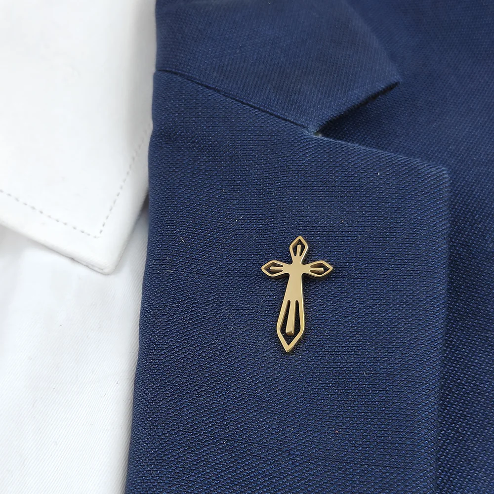 New cross lapel pin, fashionable stainless steel badge, religious style brooch suit accessories, suitable for party wear