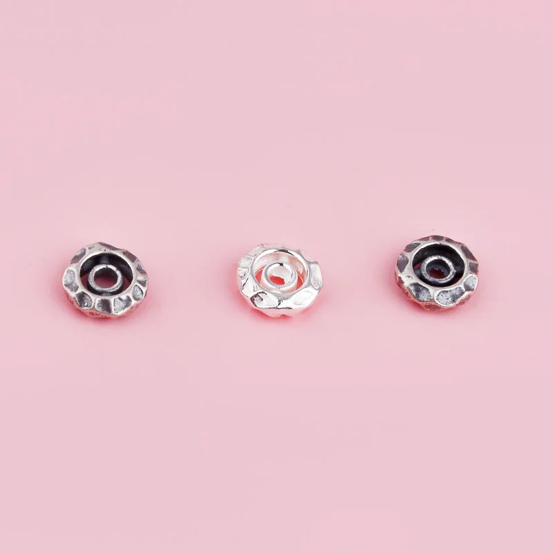 S925 pure silver raised and recessed hammer-pattern round partition wheel bead flat bead DIY red string bracelet accessory