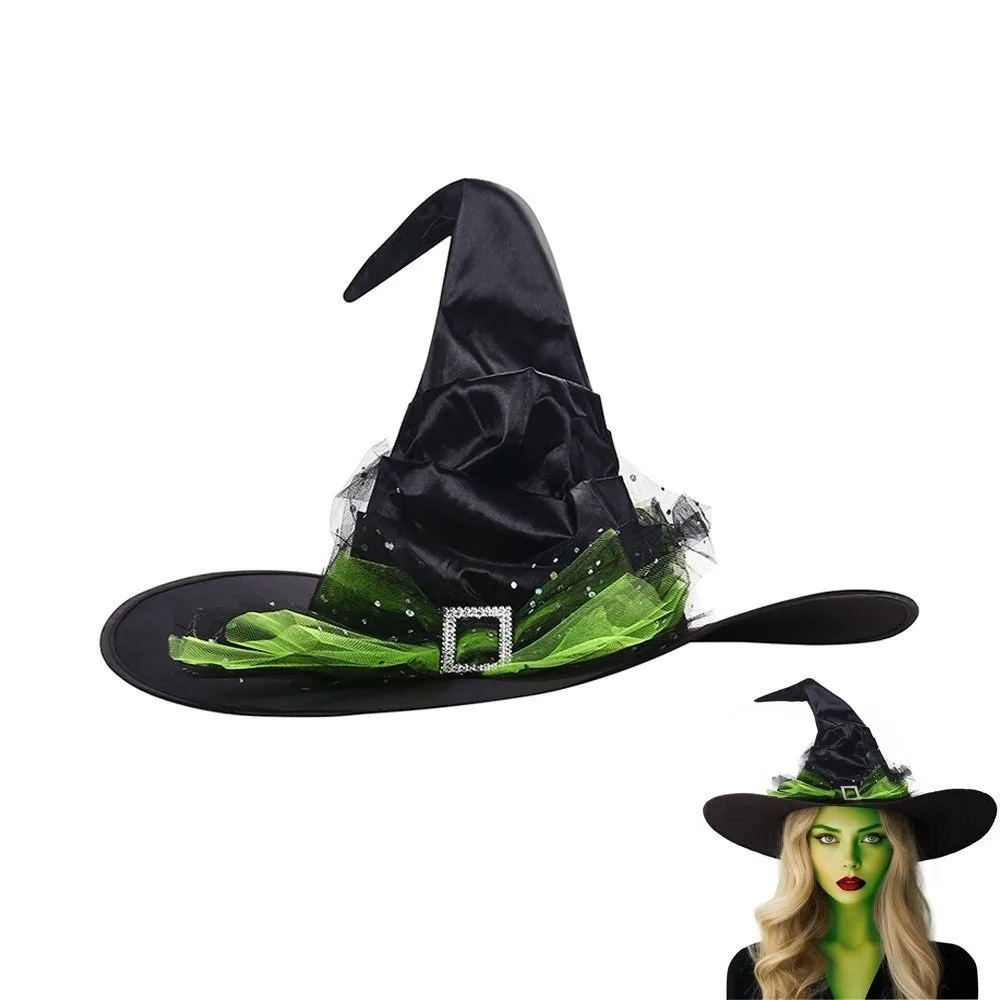 Simple Folds Halloween Witch Hat Baroque Gothic Queen Mesh Bow Witch Hat Satins Black Wizard Cap Dress Up