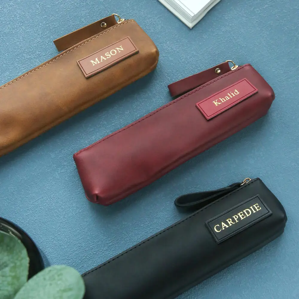 Custom Name Leather Label Retro Pu Pencil Case Slim Zipper Pen Bag Portable Makeup Brush Storage Pouch Personalized Custom Gift