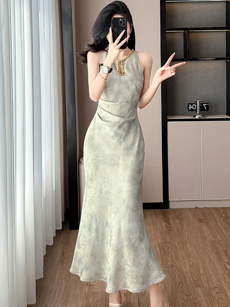 2025 nova impressão sem mangas chique diamantes luxo vestido longo feminino elegante babados vestido de verão coreano bodycon festa vestidos