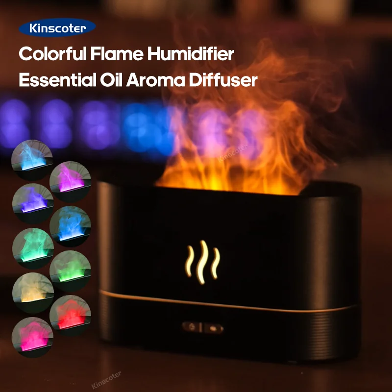 KINSCOTER Colorful Flame Essential Oil Aroma Diffuser Humidifier USB Desktop Simulation Light Purifier Air for Home Bedroom