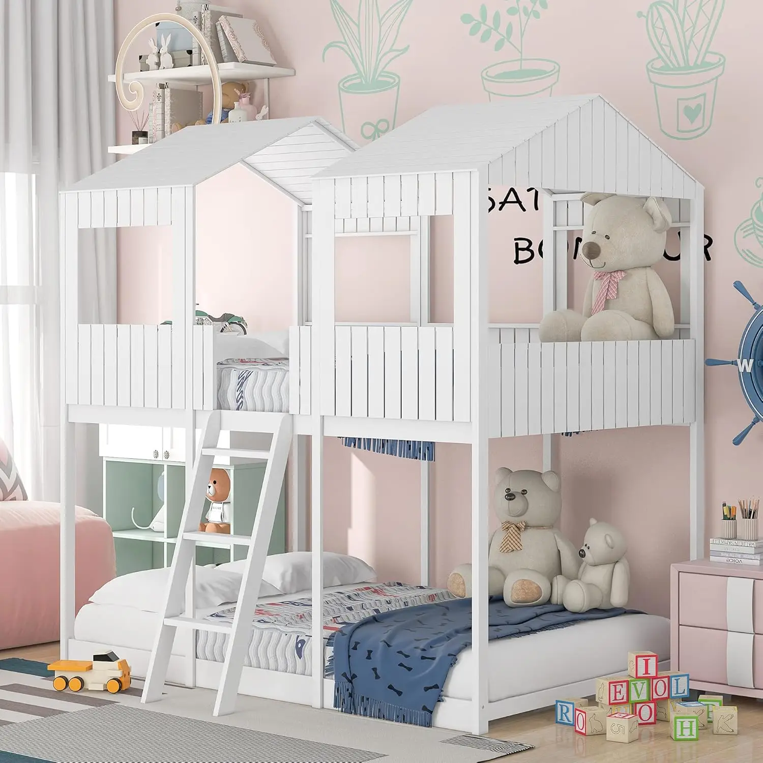 

Двухъярусная кровать-домик Full Over Full с окном на крыше, защитными перилами, лестницей, деревянным каркасом для детской спальни, белая, на заказ