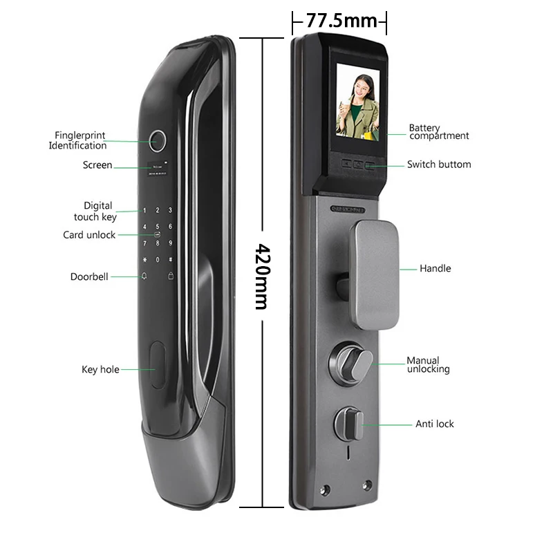 3D Facial Recognition App WIFI Password Fingerprint Card Portable Visual Doorbell Monitoring Camera Electronic Door Lock