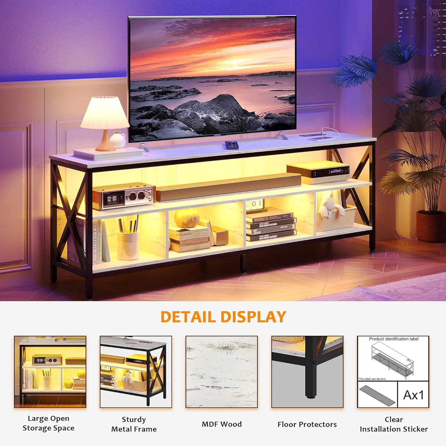 Dudukan TV dengan lampu LED untuk TV hingga 75 inci, pusat hiburan dengan lampu Sensor tubuh/nirkabel/tipe-c/USB/lampu 3 warna