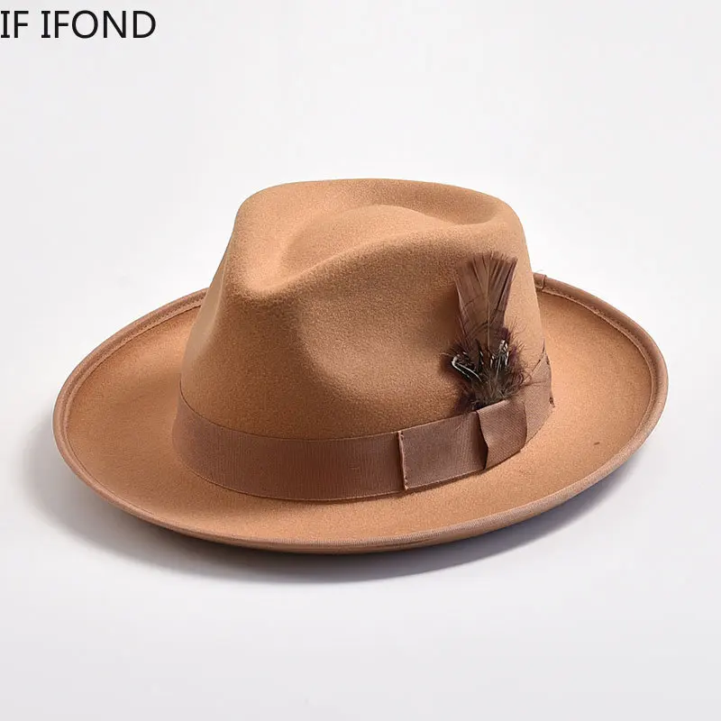 Cappello Fedora in feltro con piume fatte a mano cappelli Vintage da uomo Panama Trilby berretto da sera con tesa curva da gentiluomo