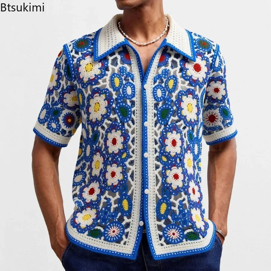New Summer Men's Knitted Hollow Out Polo Shirts Retro Fashion Short Sleeve Cardigan Tops Ethnic Premium Crochet Knitting Shirts