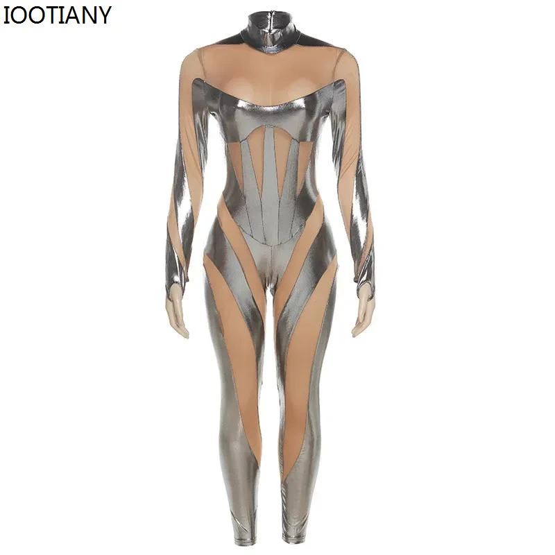 Women Cyberpunk Patchwork Jumpsuits Sexy Mesh See-through High Waist Bodysuit Halloween Cosplay Party Performance Zentai Catsuit