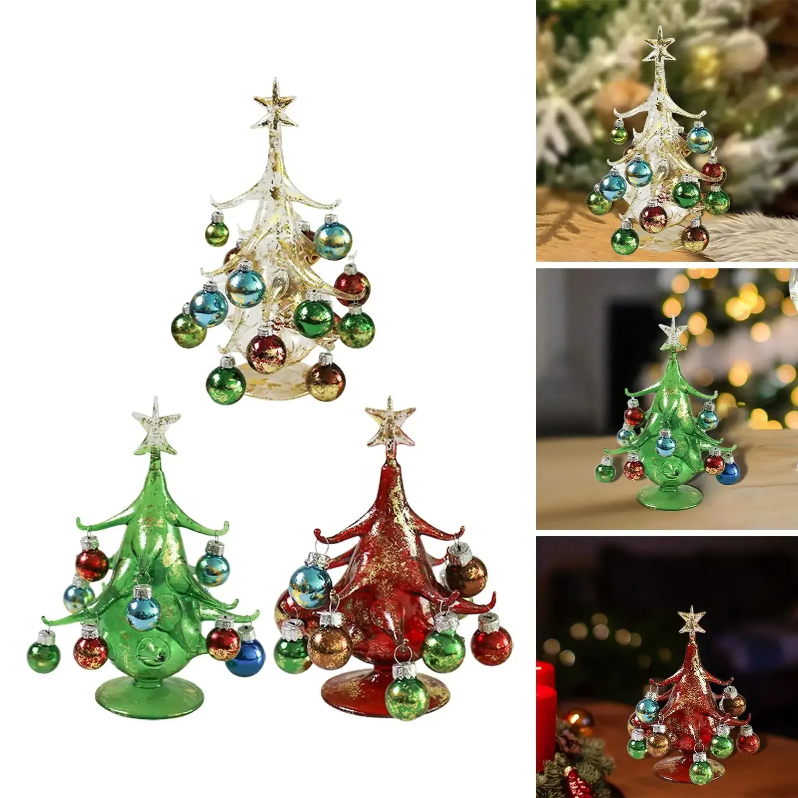 3pcs Handmade Glass Christmas Tree Figurine Mini Crystal Xmas Ornament Tabletop Desktop Home Party Decor Souvenir Gift