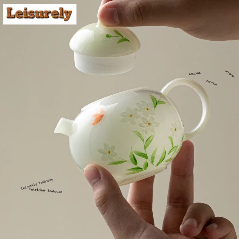 HOYIHM Unprocessed Jade Hand-painted Daisy Travel Tea Set Kit Japanese 1 Pot 2 Cups Tea Maker Organizer Portable Camping Handbag