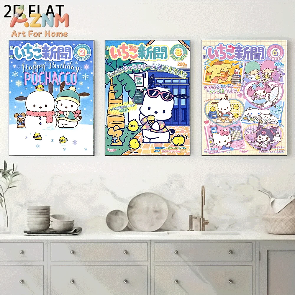 AZNM Sanrio Pochacco Canvas Wall Art Unframed Cute Cartoon Magazine Cover Holiday Summer Theme Print Painting Bedroom Home Decor