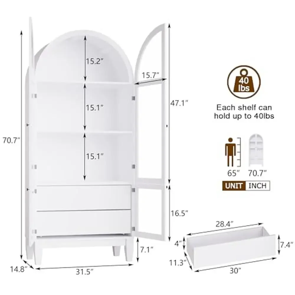 Arched Farmhouse Kitchen Pantry Cabinet with Hidden Drawers & Adjustable Shelves Modern Storage Organizer Utensils & Spices