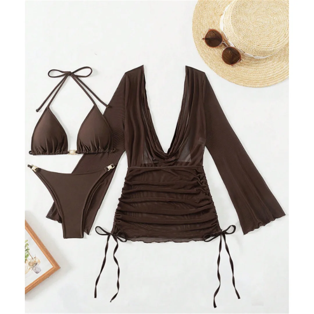 S - XL 3-teiliges Set mit langärmeligem Kleid, Bikini, Damen-Badebekleidung, Damen-Badeanzug, dreiteiliges Bikini-Set, Badeanzug, Badebekleidung, Schwimmbekleidung V7757 – Detail 9
