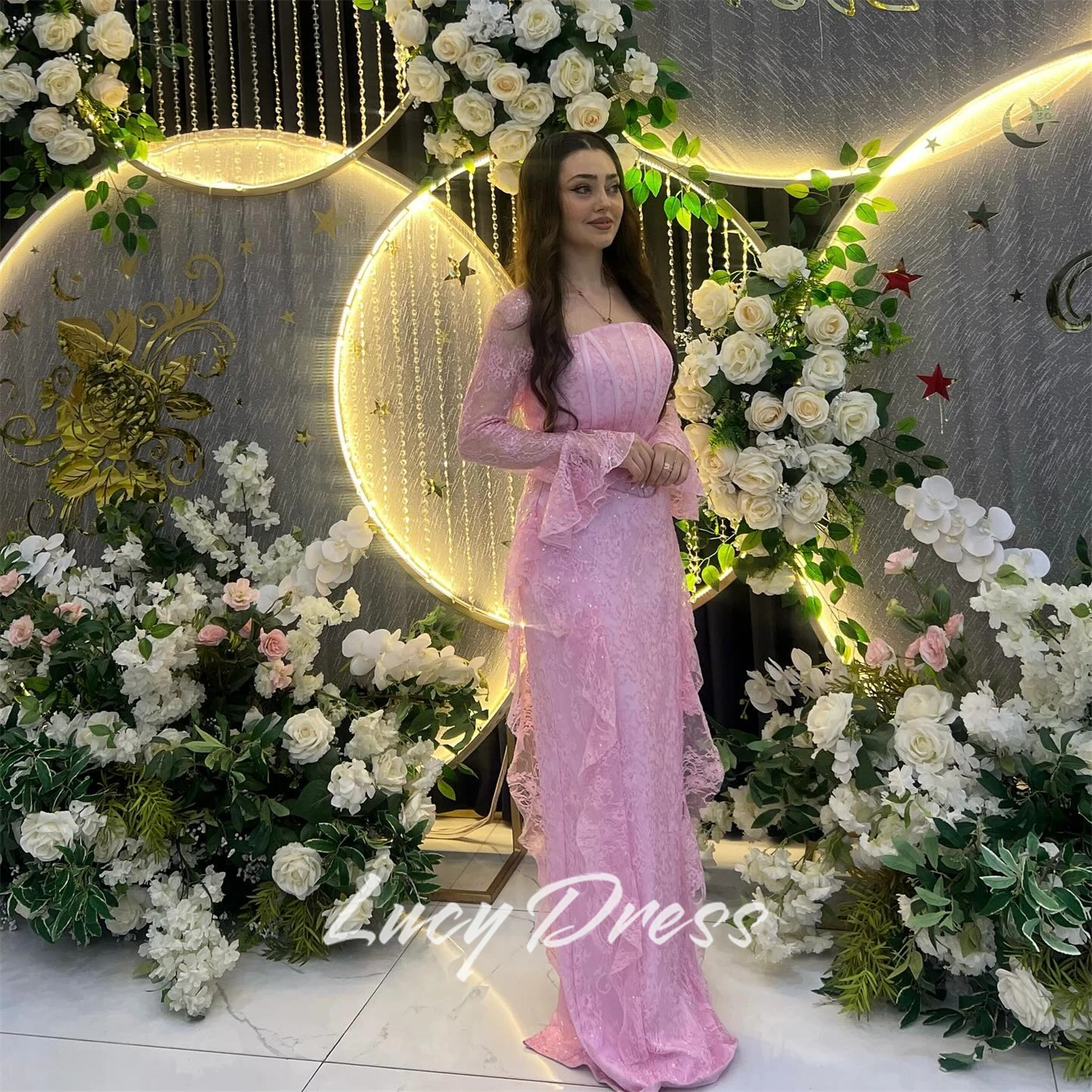 

Lucy Customized Cocktail Dress Dubai Luxury Evening Dress Woman Wedding Party Dresses Elegant Womens Dresses Pink Lace Mermaid