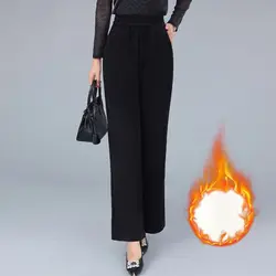 Simplicity Autumn Winter New Corduroy Plus Velvet Pants Women Solid Pockets Elastic High Waist Straight Casual Wide Leg Trousers