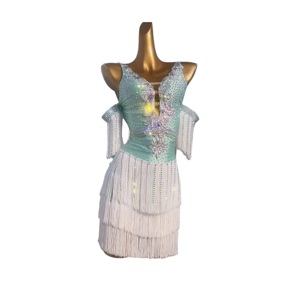 라틴 댄스 대회 여성용 고급 맞춤형 반짝이는 드레스, 술, 룸바 탱고 퍼포먼스, 블랙 풀 드레스