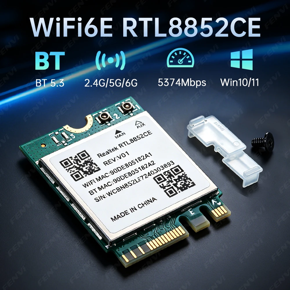 WiFi 6E RTL8852CE M.2 Network Card BT5.3 5400Mbps 802.11AX Tri Band 2.4G/5G/6Ghz Wireless WiFi Card Adapter for PC Windows 10/11