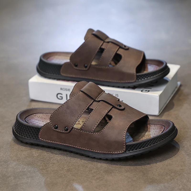 

Летние новые мужские шлепанцы-сандалии из высококачественной кожи, повседневные, для улицы, больших размеров, модные, нескользящие, пляжная обувь