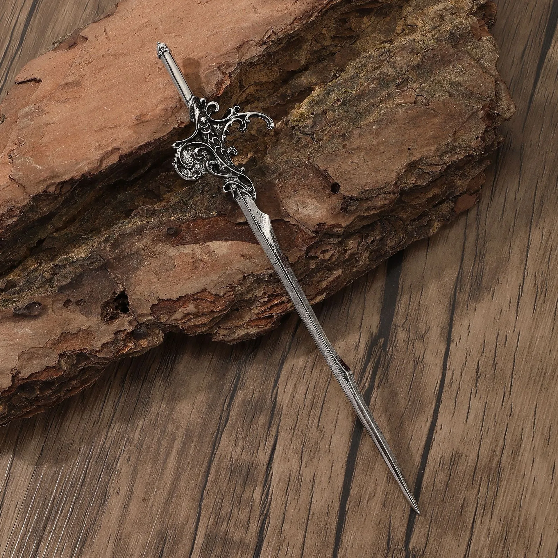 1pc Vintage Carved Sword Shaped Hairpin Made Old Metal Complex Rolled Grass Pattern Sword Handle Design Dark Style Hair Styling