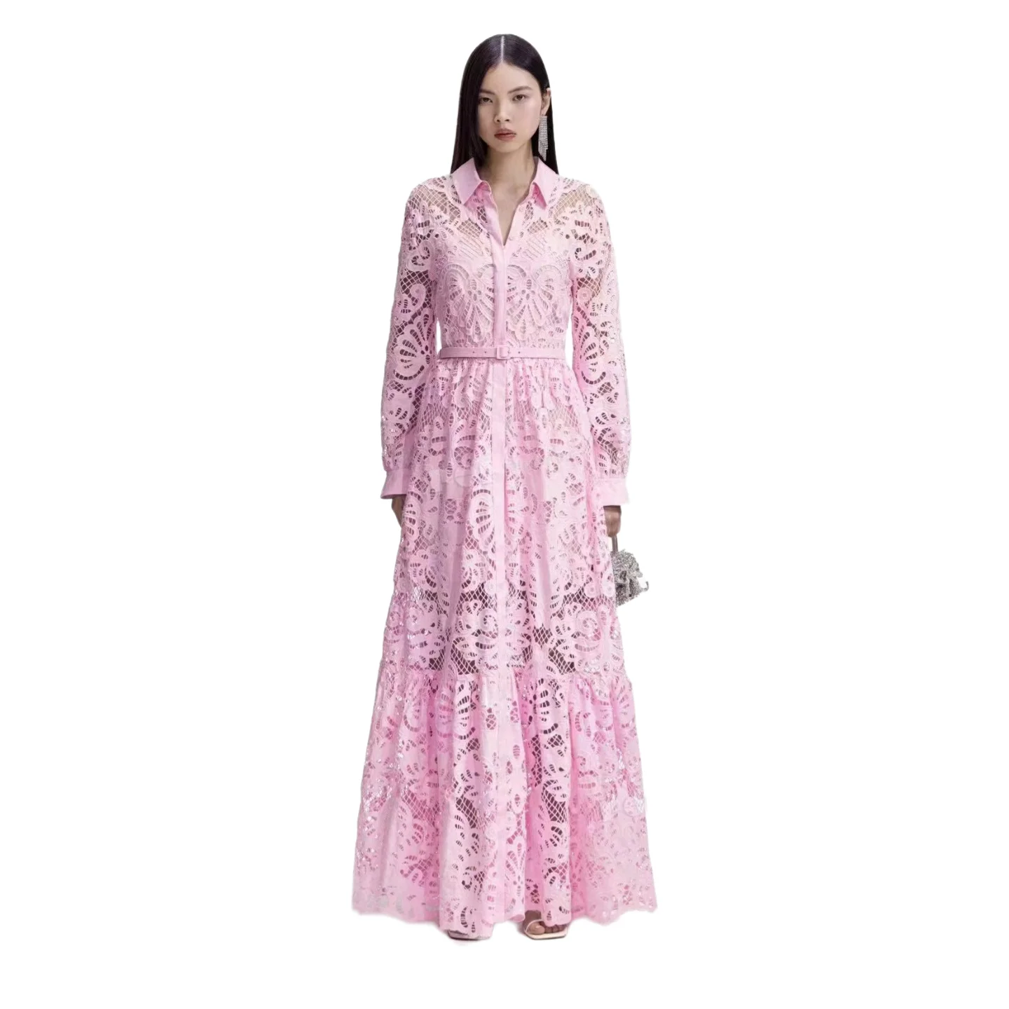 High Quality Autumn Fashion Women's Paisley Chiffon Maxi Dress Long Sleeved Single Breasted Hollow Out Elegant Pink Dresses 2024