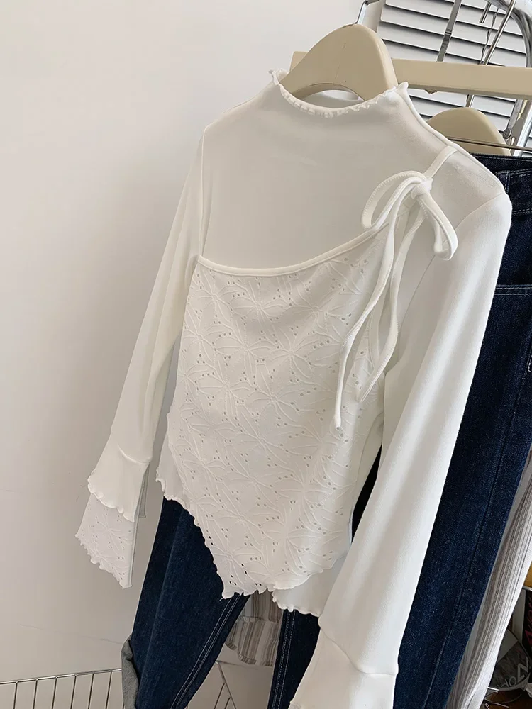 T-shirt manches longues pour femmes, faux deux pièces, Design de mode coréenne, Niche, automne hiver 2024