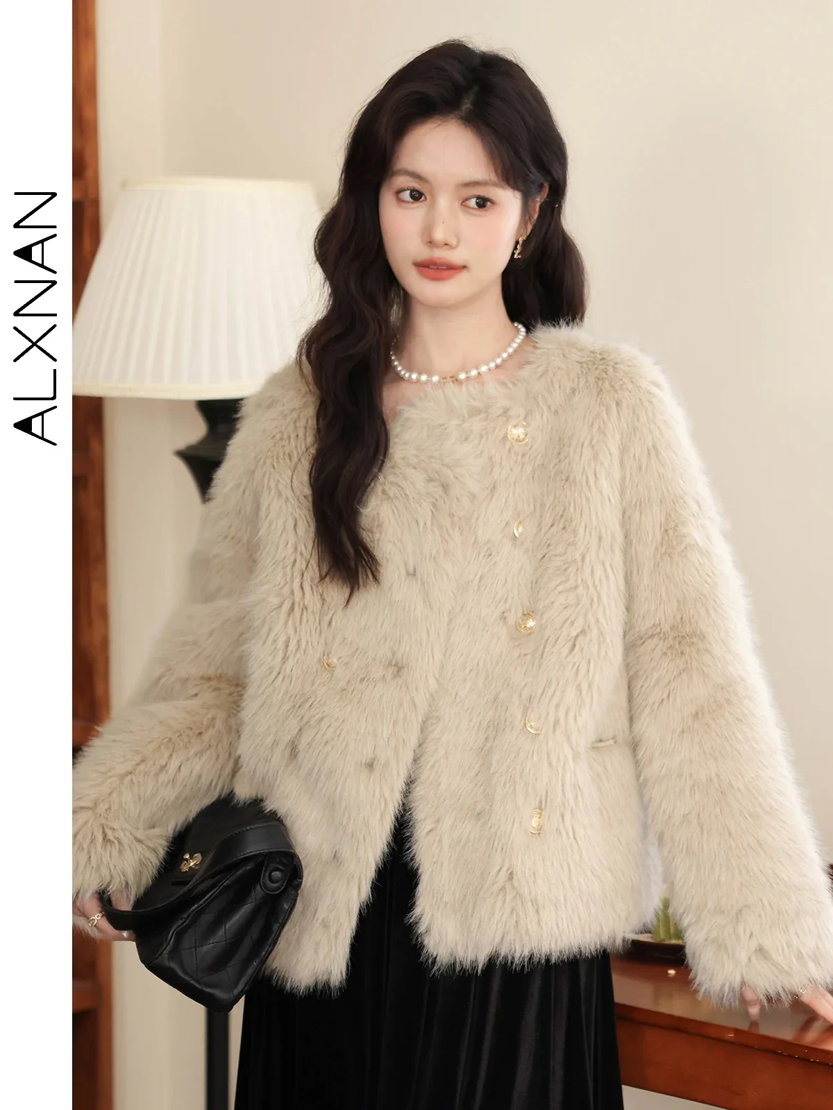 ALXNAN Loose Faux Fur Coat for Women 2024 Autumn Winter French Solid Round Neck Long Sleeve Thick Warm Female Outerwear LXN32852