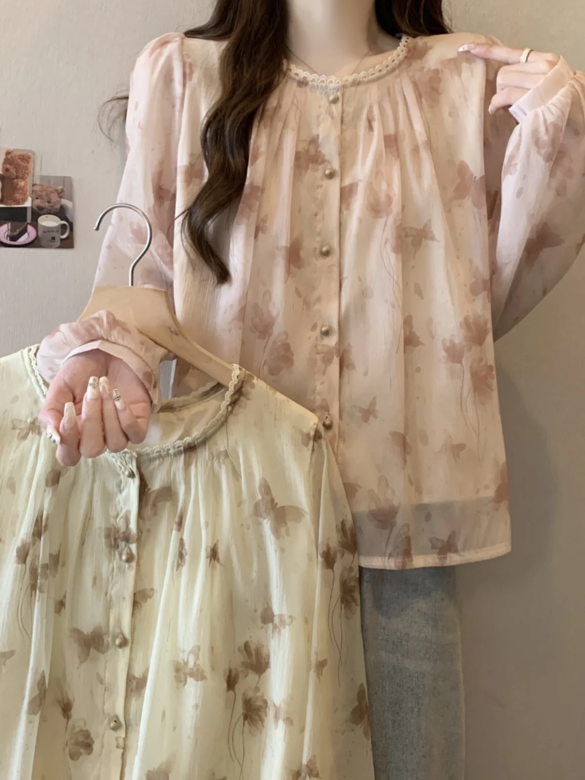 

Ele Loose Women's irt Spring Summer New Sle Printed Pleated Faionable Meat Concealing Charming Top Polyester Fiber