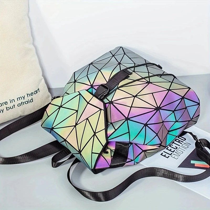 Fashion Drawstring Folding Backpack 3 Set/Holographic Diamond Luminous Travel Bag/Shoulder Bag/Long Purset