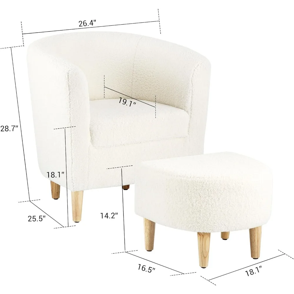 Accent Chair,Sherpa Chair White Fluffy Chair Teddy Barrel Chair with Ottoman Comfy ArmChair Footrest Set Comfortable Living Room