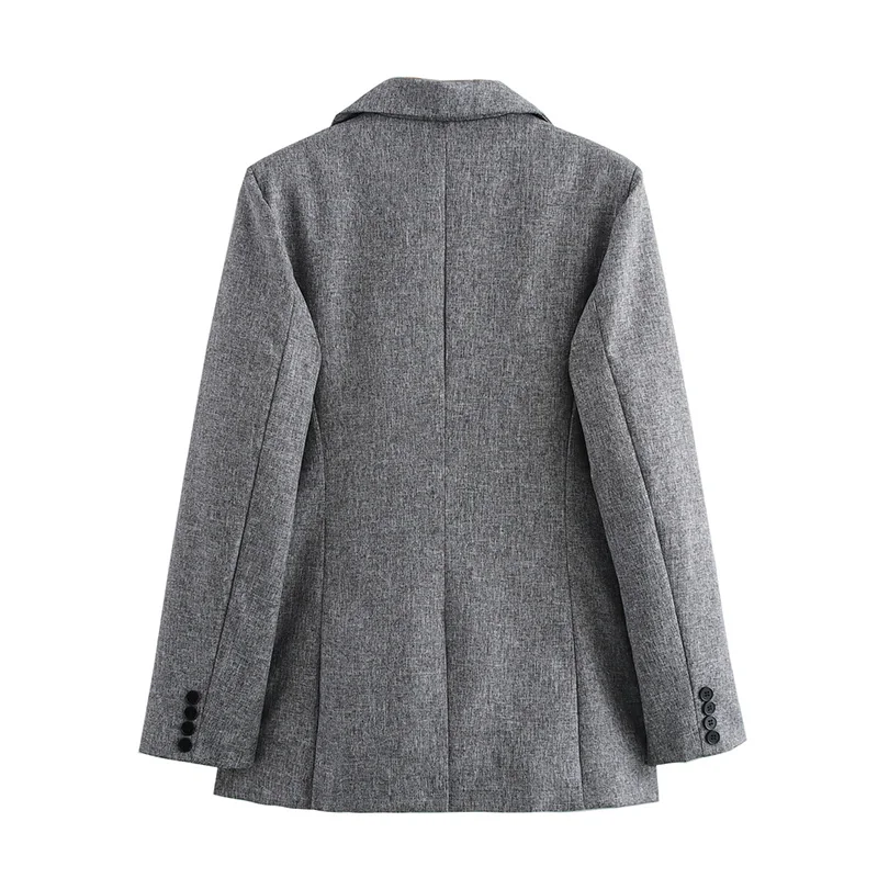Willshela Women Fashion With Pockets Grey Single Breasted Blazer Vintage Notched Neck Long Sleeves Female Chic Lady Outfits