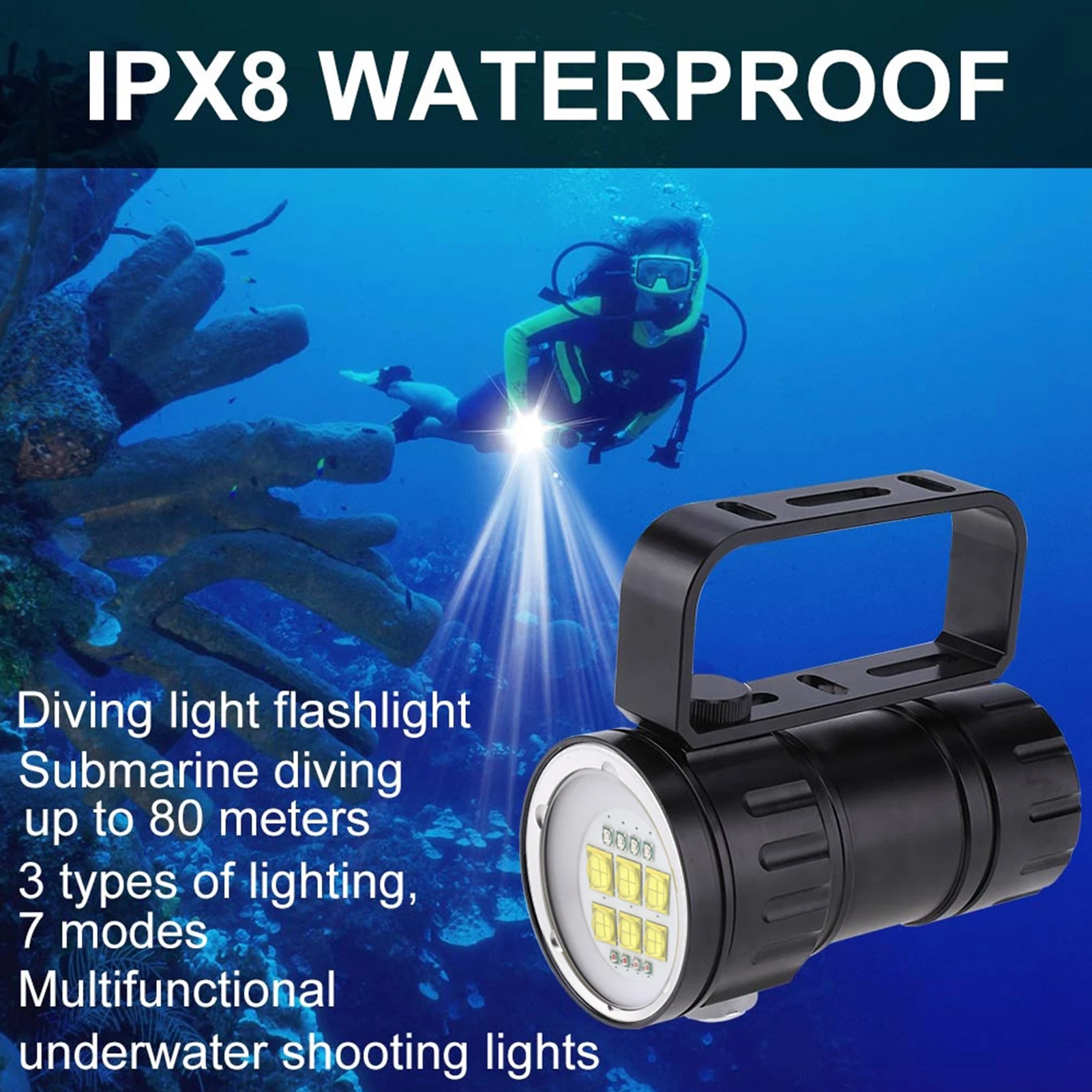 IPX8防水LEDダイビング懐中電灯、ライトトーチ、水中写真ランプ、赤、青、白、300-500メートル