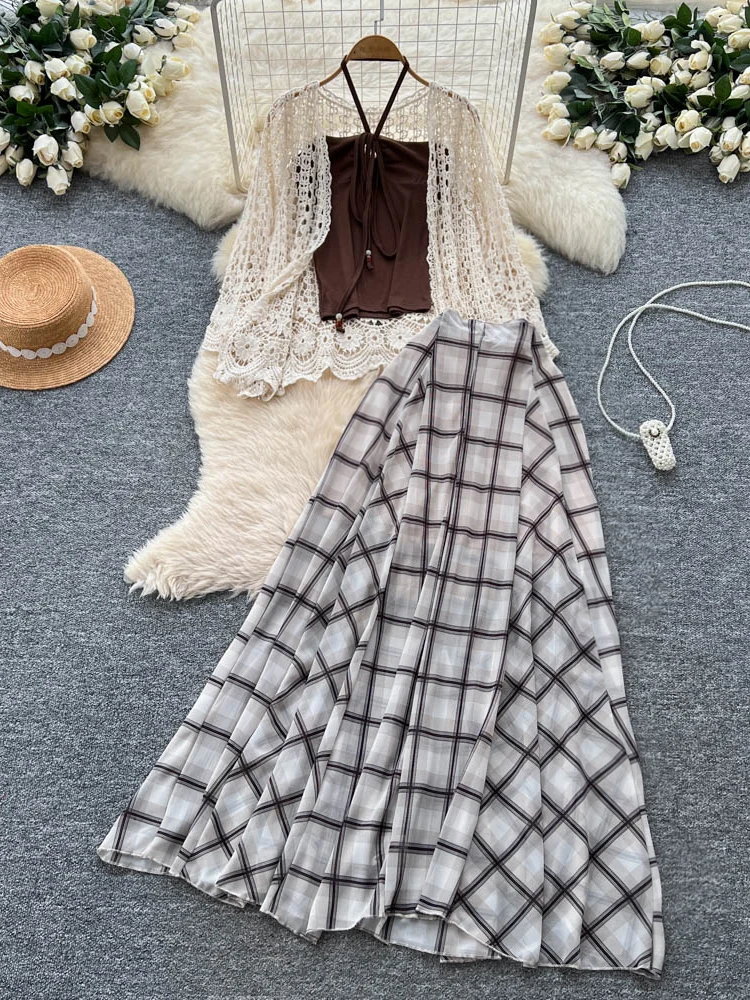 

Женский комплект из футболки Beach Vaion, вязаный комплект с высокой талией в клетку, длинное платье в клетку, повседневный комплект для поездок на работу