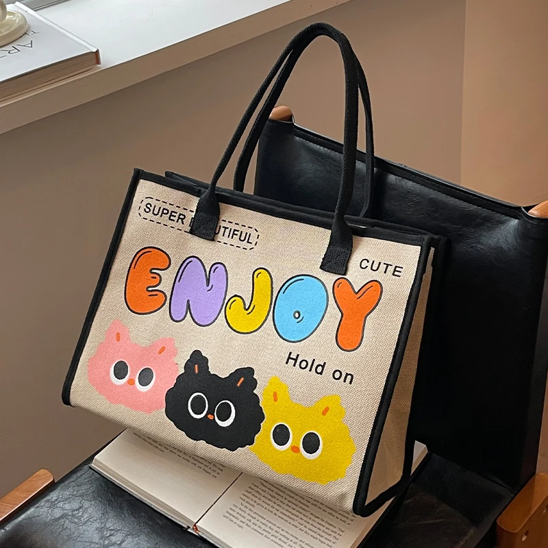 Koreanische Einkaufstasche Mode Leinwand Totes Buchstaben Cartoon tragbare Strand Schulter einkaufen lässige Strand tasche große Kapazität Handtasche