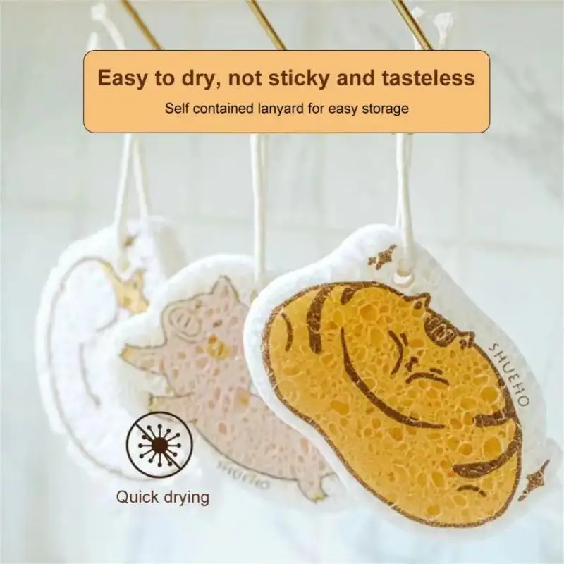 6/4/3pcs Compressed Wood Pulp Sponge Cartoon Dishwashing Sponge Cleaning Sponges Scouring Pad Non-stick Oil Kitchen Sponge Wipe