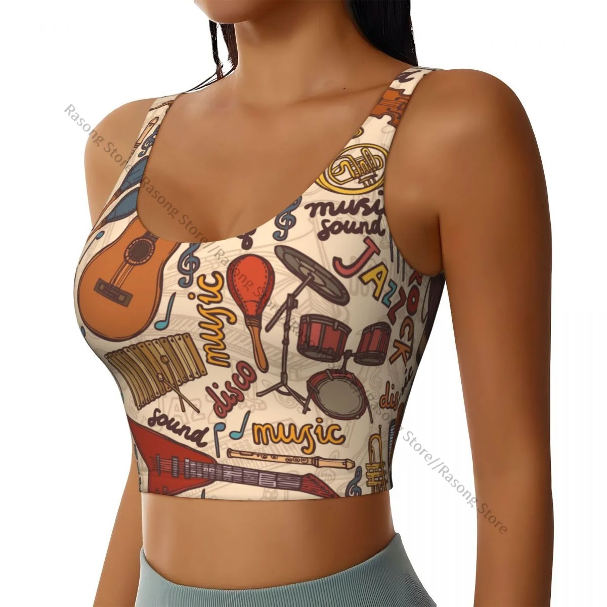 Yoga Vest Women Gym Sports Crop Tops Colorful Musical Instruments Sketch Streetwear Workout Breathable Tank Top Female