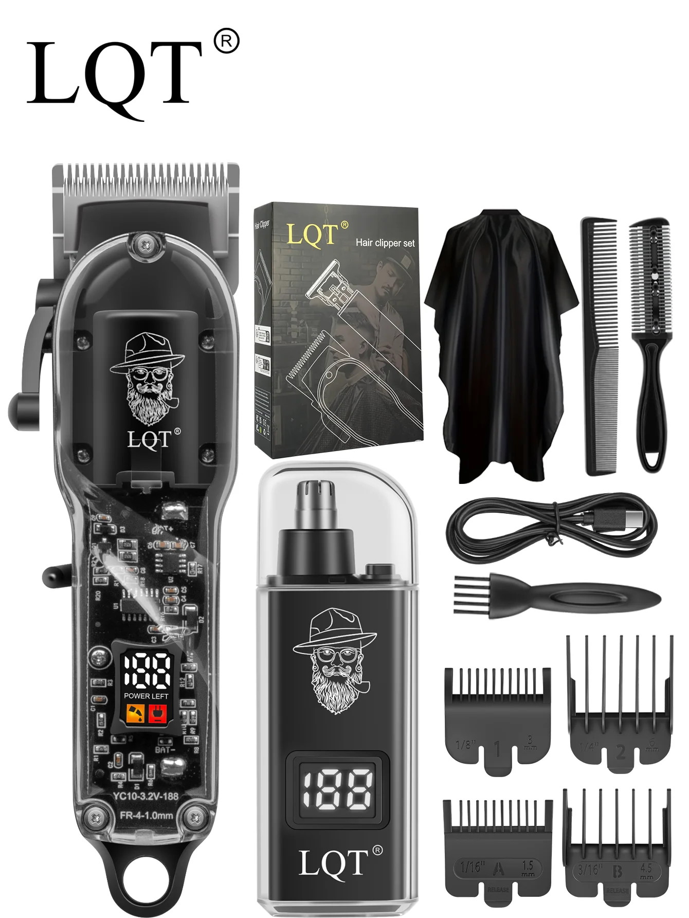 LQT Electric Hair Trimmer LCD Display Rechargeable Barber Trimmer Professional Hair Cutting Machine with Full Barber Accessories
