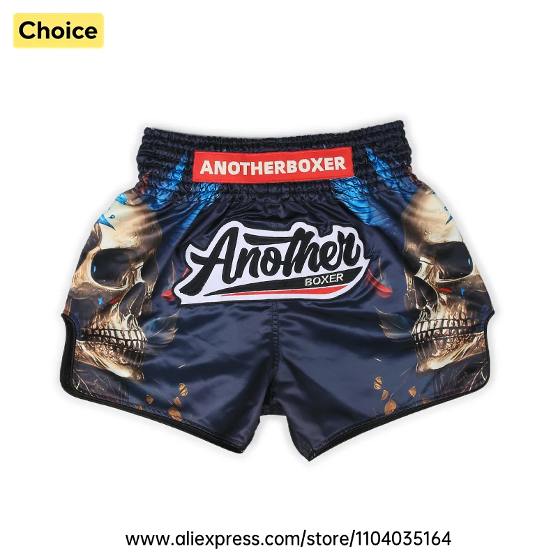 Muay Thai Shorts für Herren und Damen, Satin-Boxshorts, Kickboxen, MMA-Trainingsshorts, Totenkopf-Print, Schnelltrocknende Kampfshorts für Kampfsportarten