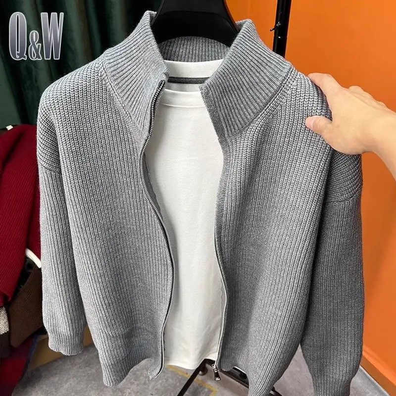 

Zippered Pure Color Knitwear Men's Slim Fit Zip Cardigan Autumn Winter Outerwear Stand Collar f High Men's Faion